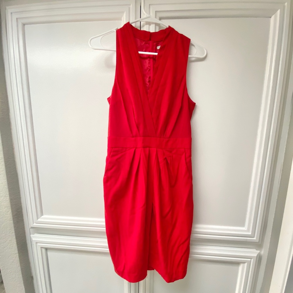 Red Pleated V-Neck mini Dress with Pockets